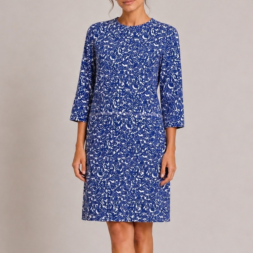 Marni Blue White Floral Shift Dress Cotton Elbow Sleeve Italian Size XL